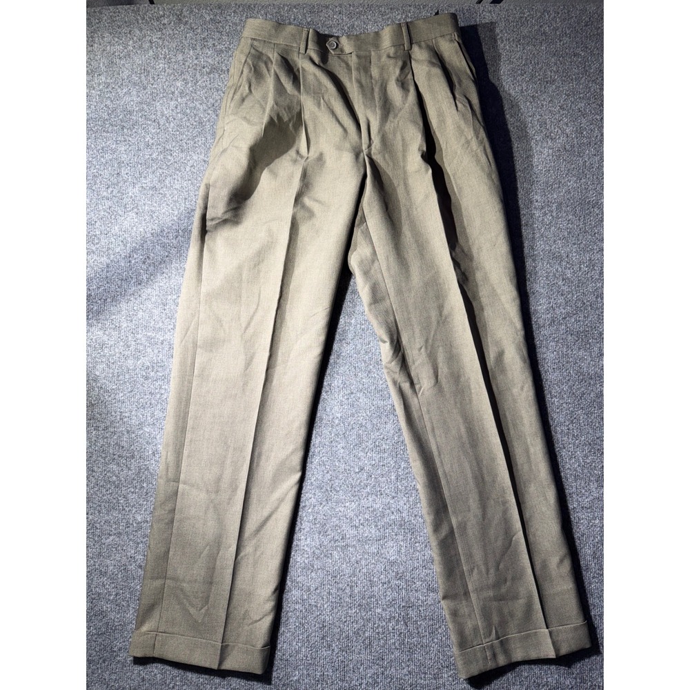 Angelo Rossi Dress Pants Mens 34x32 Taupe Excellent Pleated Cuffed Tetron PR2